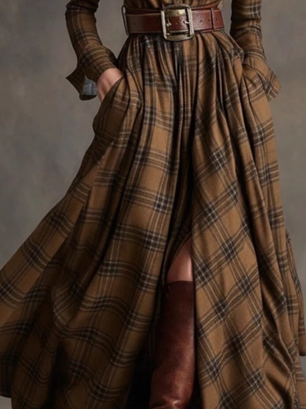 Women's Plaid Long Sleeve Shirt Dress - Picture 3 of 3